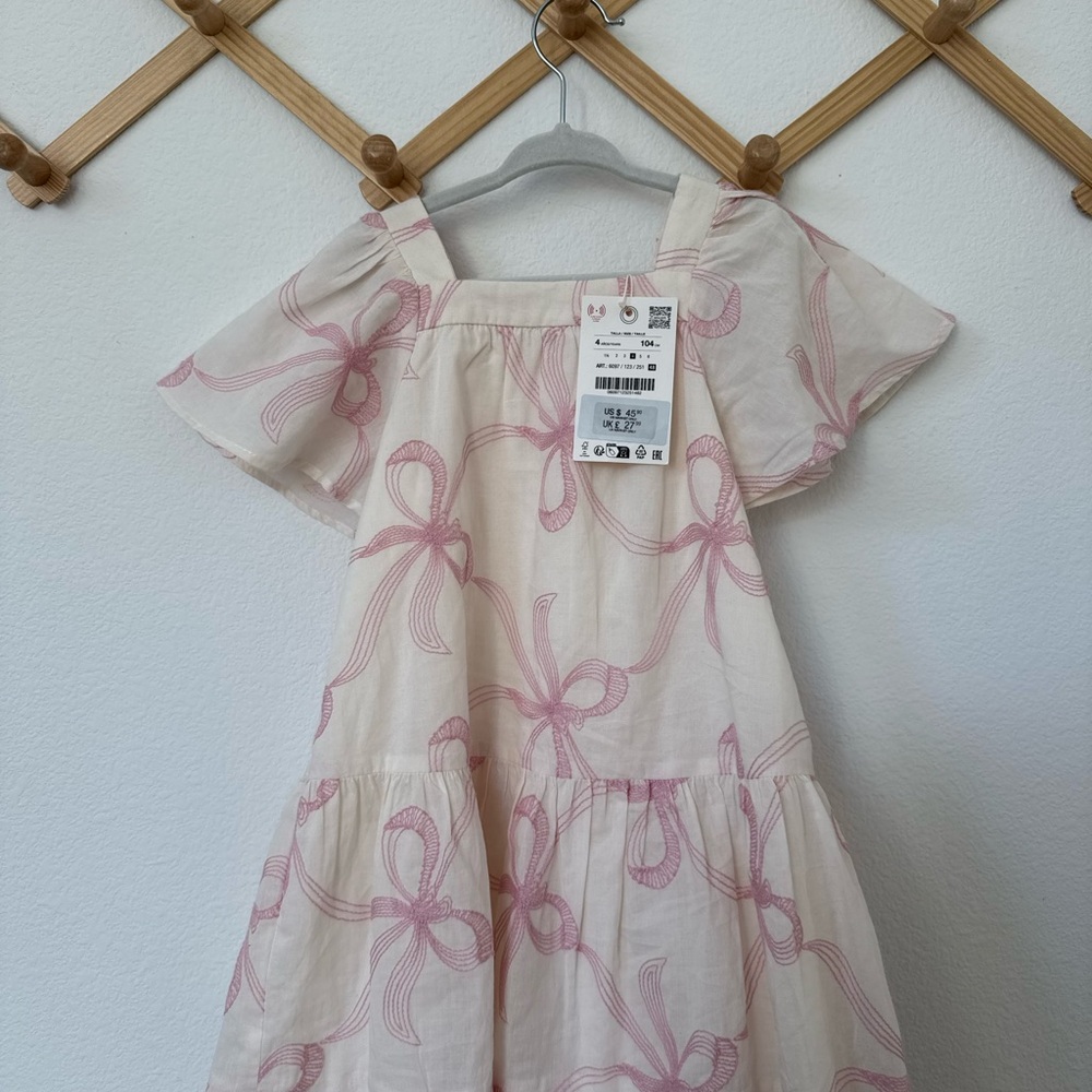 Zara Cream Dress with Pink Bow Print